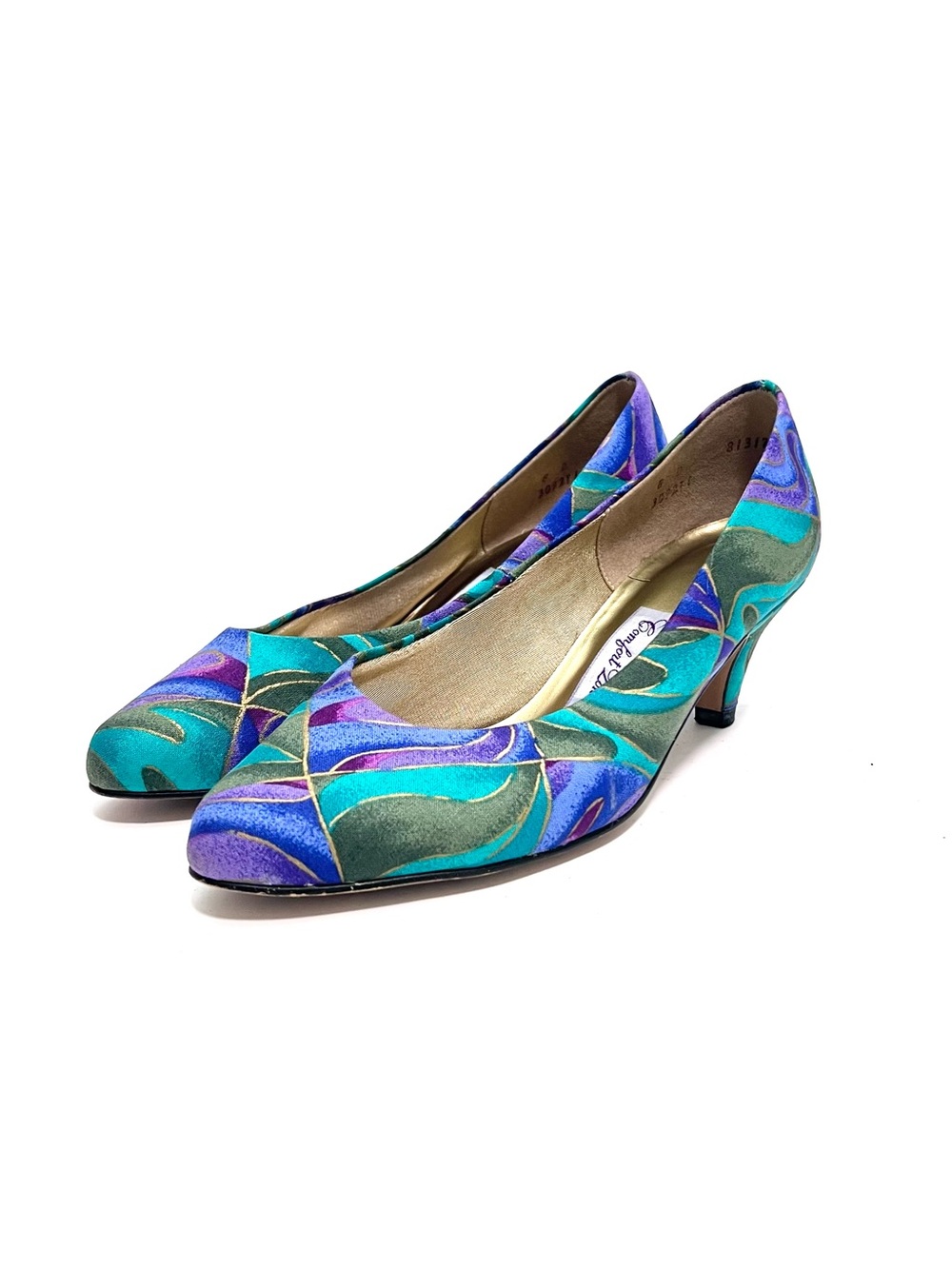 Vintage 1980s blue and green abstract fabric slip on pumps